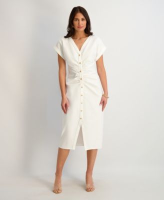 Women's Faux Linen V-Neck Midi Dress