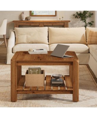 31.5" Solid Wood Coffee Table, 2-Tier Square Center Table with Rounded Corners, Modern Rustic Coffee Furniture