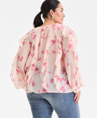 Plus Size Printed V-Neck Ruffled Blouse