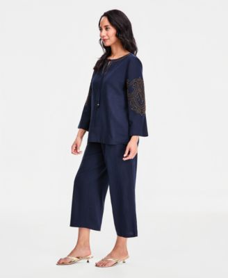 Women's Beaded Split-Neck Top & Cropped Drawstring Wide-Leg Pants