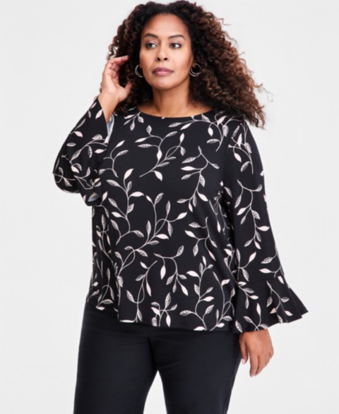 Женские JM Collection Plus Size Winding Leaves Flare Sleeve Boat Neck Top