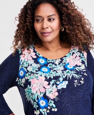 JM Collection Plus Size Printed Jacquard 3/4-Sleeve Top