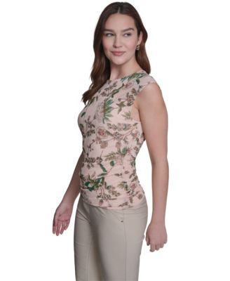 Women's Ruched Side Seam Crew Neck Floral Top
