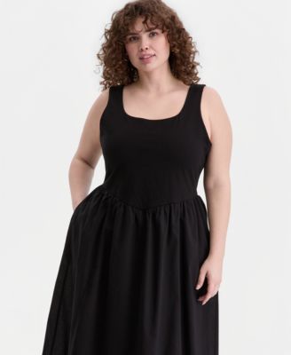 Trendy Plus Size V-Waist Mixed-Media Midi Dress