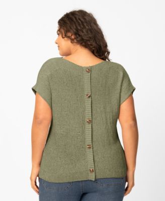 Plus Size Button Back Tape Yarn Short-Sleeve Knit Sweater