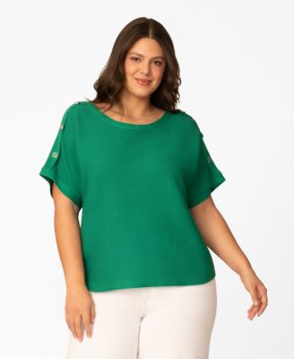 Plus Size Vertical Rib Button Short-Sleeve Sweater