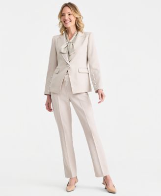 Single-Button Blazer, Tie-Front Top & Straight Pants