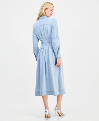 Women's Roll-Sleeve Denim Midi Shirtdress
