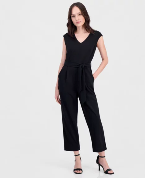 Petite Belted V-Neck Jumpsuit - Anne Black