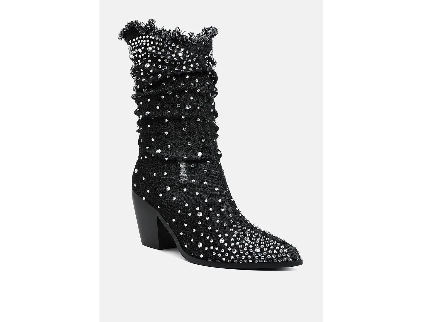 Женские ботинки London Rag Savant Diamante and Rhinestones Denim Boots, цвет: Чёрный — фото 4