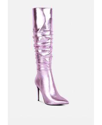 Womens NEW-EXPRESSION Metallic Ruched Stiletto Knee Boots