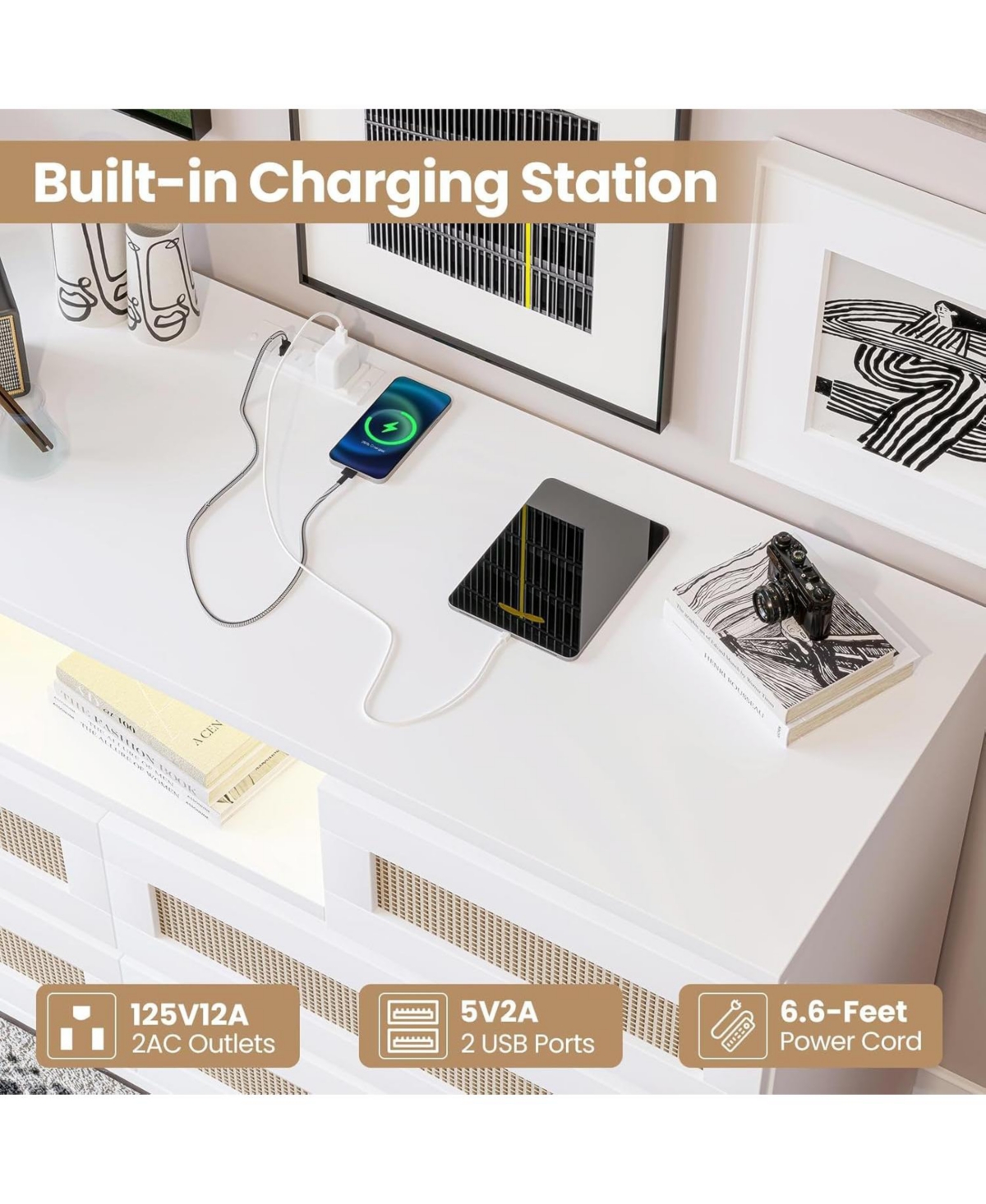 gaomon Rattan 6 Drawer Dresser for Bedroom, Modern Farmhouse Wood Closet Dresser, Compact Chest of Drawers