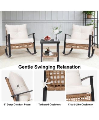 Pulled rattan Rocking chair 3 piece Set Outdoor Patio Set Lounge Chairs Thick Cushions for Patio