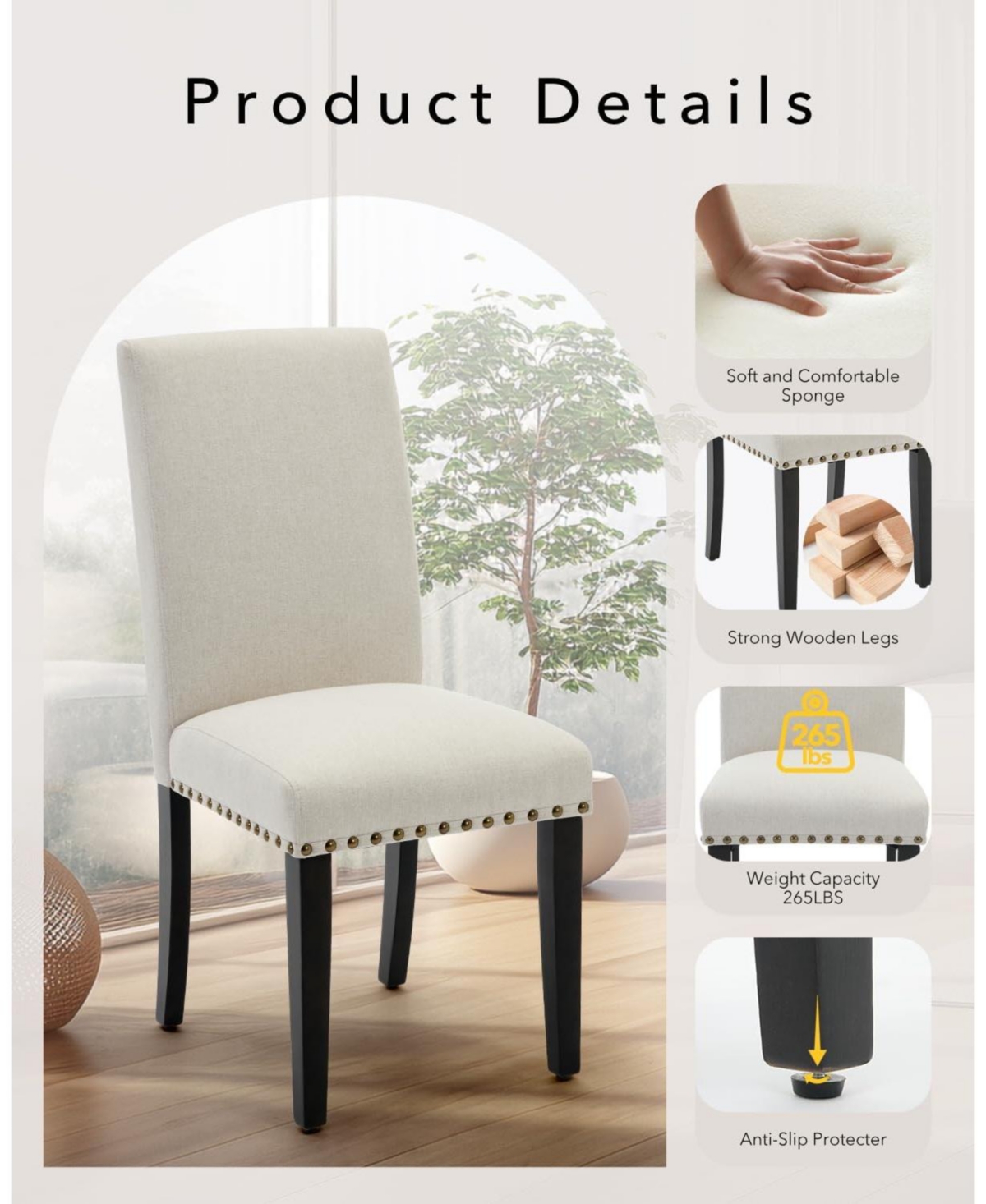 gaomon Set of 2 Farmhouse Linen Upholstered Parsons Dining Chairs, Wood Legs Accent Seating for Kitchen & Dining Room