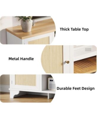 Rattan TV Stand for 65 in TV, Boho Entertainment Center with Cabinets & Open Shelves