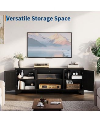 Rattan TV Stand for 65 in TV, Boho Entertainment Center with Cabinets & Open Shelves