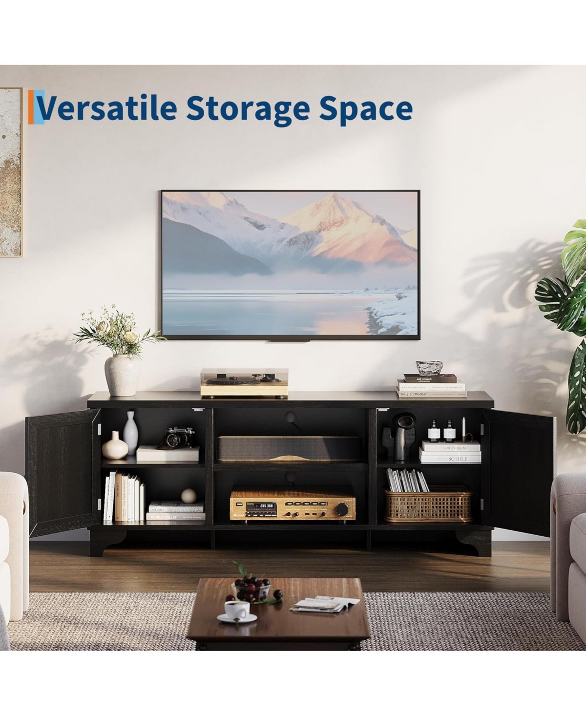 gaomon Rattan Tv Stand for 65 Tv, Boho Entertainment Center with Cabinets & Open Shelves