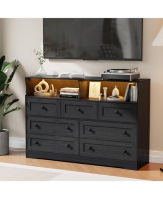 “7-Drawer Bedroom Dresser with LED Lights, Wooden Chest of Drawers with Charging Station and 2 Open Storage Compartments