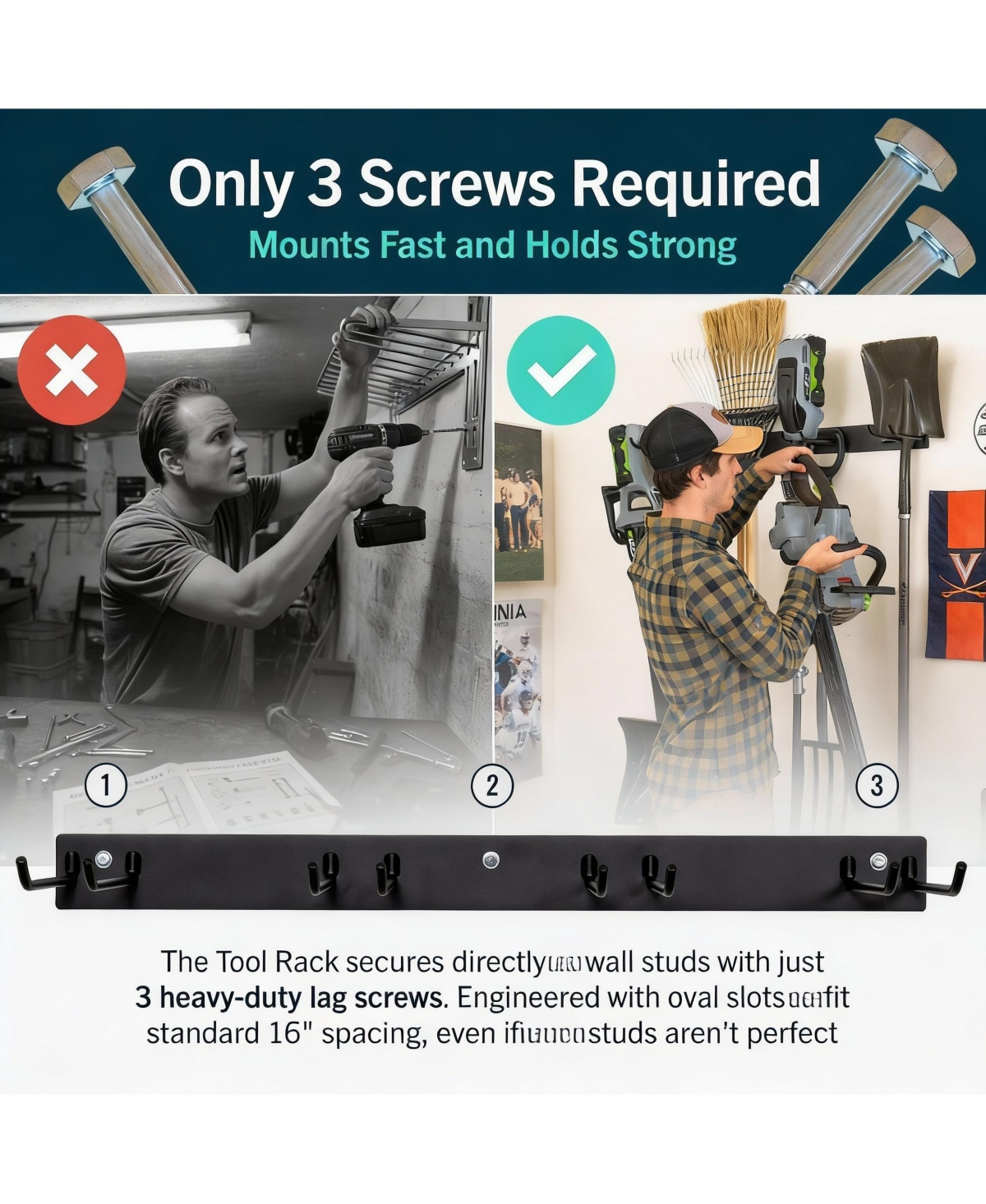 Yigii Wall-Mounted Garden Tool Rack - Heavy Duty Steel, 4 Hooks, 250lb Capacity