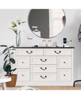 Farmhouse Dresser for Bedroom 9 Drawer Dresser with Charging Station, 54'' Wood Chest of Drawers with Rustic Handles