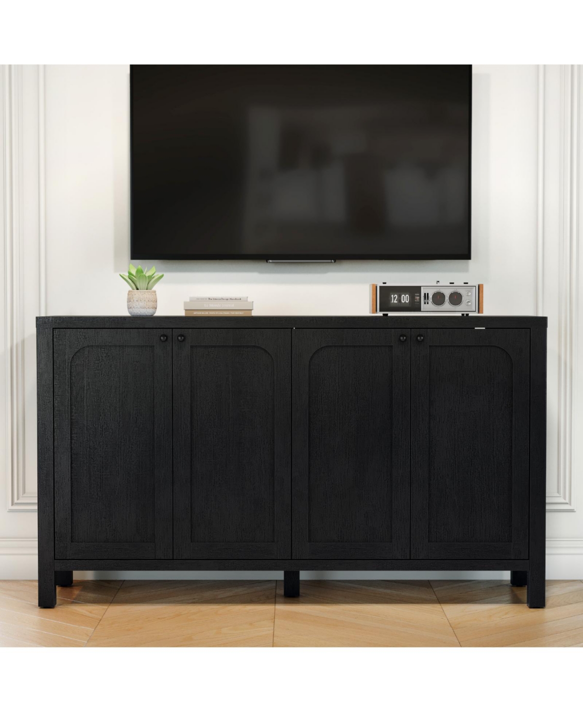 Sugift 55" Black Sideboard Buffet Cabinet Modern Storage Credenza with Doors Heavy Duty Wood Media Console for Living Room Hallway Entryway