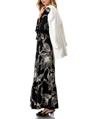 Women's Long Black Dress with Floral Print