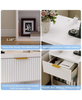Set of 2 White Fluted Nightstands, Bedside Table with Charging Station Drawers & Open Storage