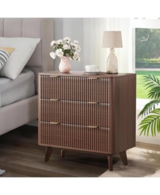 32 Inch Walnut Modern Fluted Nightstand, 3-Drawer Bedside Table with Faux Marble Top