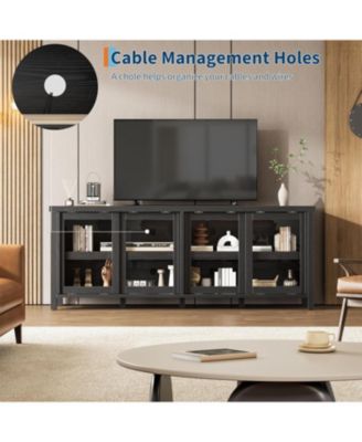 65 inch TV Stand for 70" TVs, Entertainment Center with Storage Cabinet and 4 Sliding Glass Doors, Brown