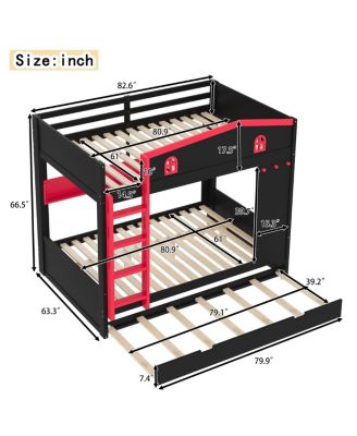  Queen Bunk Bed w/Trundle & Storage Shelves, Solid Wood, Black&Red
