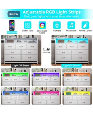 Dresser with 7 Drawers for Bedroom, Wooden Long Dresser with Led Lights and Charging Station,  Large Capacity