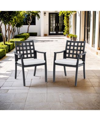 2-Piece Modern Classic Cast Aluminum Outdoor Patio Dining Chairs Textured Ember Black Lattice Backrest Sunbrella Cushion Weather Resistant