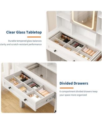 White Farmhouse Lighted Vanity Set with Stool, Makeup Desk with Integrated Power Outlet