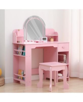 Pink 2-in-1 Kids Vanity Set, Lighted Mirror Table with Stool, Bookshelf & Makeup Palette Kit