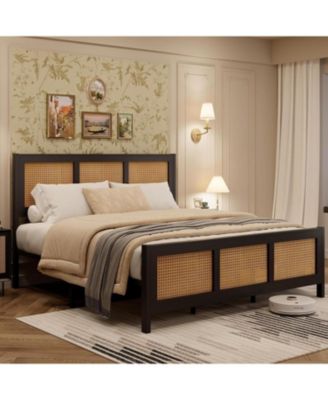 Rattan Bed Frame with Headboard, Boho Full Size Bed Frame with Strong Metal Slats Support, No Box Spring Needed, Noise-Free Design