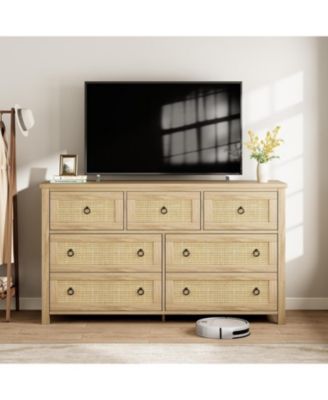 Dresser for Bedroom Rattan Chest of Dressers 29 in Tall Dresser for Closet with 3 Rattan Drawers Boho Night Stand Large Clothes Storage Cabinet