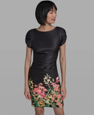Women's Short-Sleeve Floral Border Hem Sheath Dress