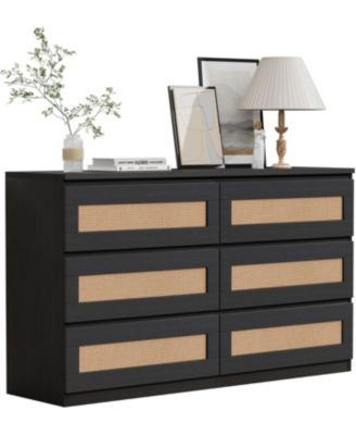 6 Drawer Double Dresser for Bedroom, Rattan Dresser for Bedroom with Smooth Mental Slide, Modern Wood Chest for Bedroom, Living Room, Hallway,