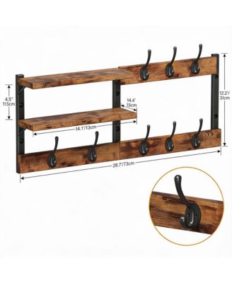 28.7" Wall Mounted Coat Rack with 6 Hooks & 2 Shelves, Rustic Brown