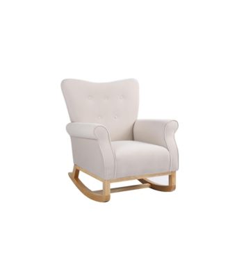 Modern High Back Nursery Rocking Chair Comfortable Fabric Padded Seat Armchair with Warm Wood Color Curved Legs for Baby Room Reading Corner