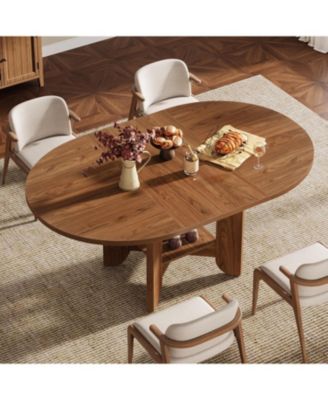 59-Inch Round Dining Table for 4-6, Modern Oval Kitchen Table with Storage Shelf for Dining Room, Living Room, Walnut