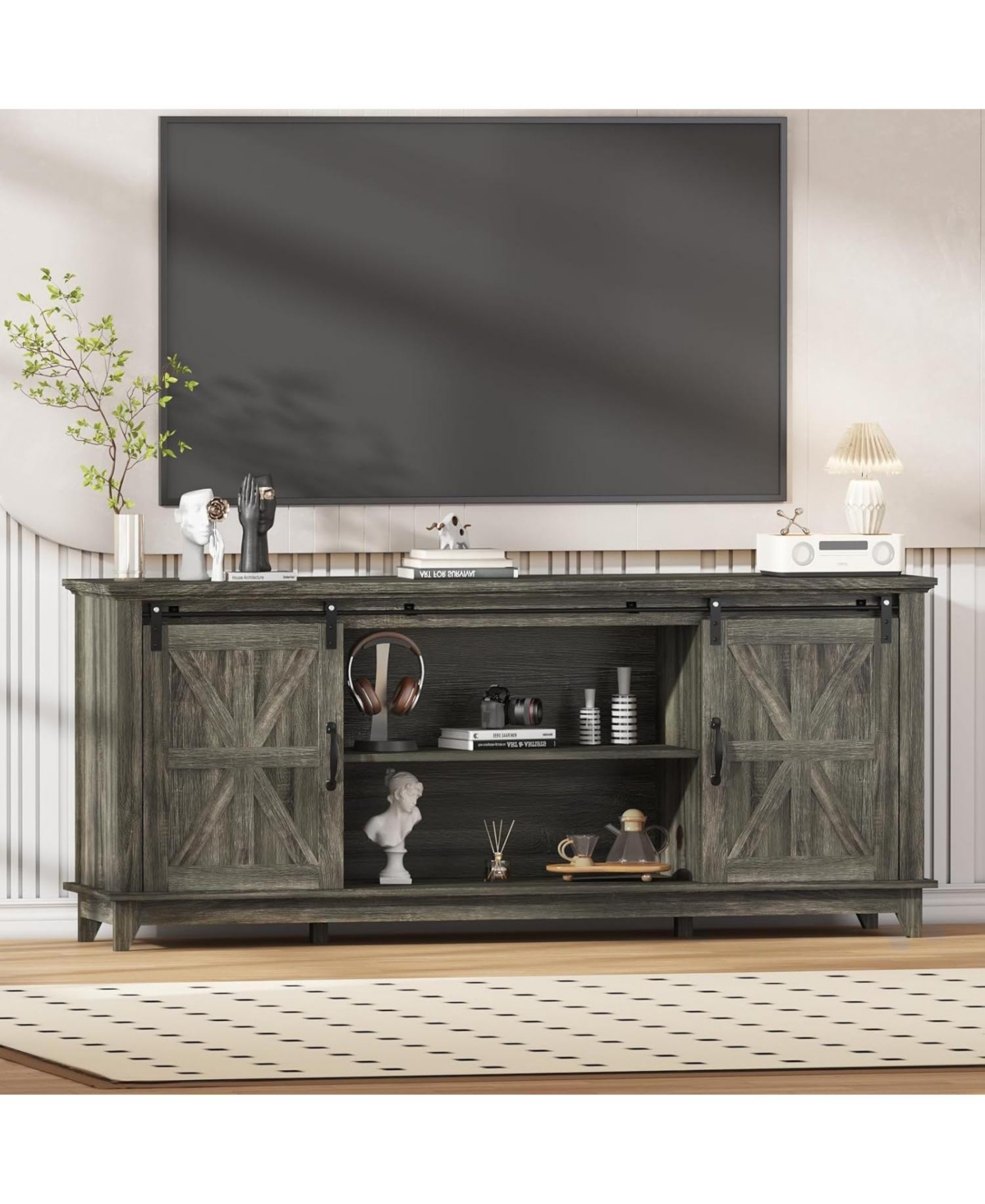 gaomon 66" Farmhouse Home Tv Stand for Up to 75" Television, Entertainment Center with Storage & Adjustable Shelf