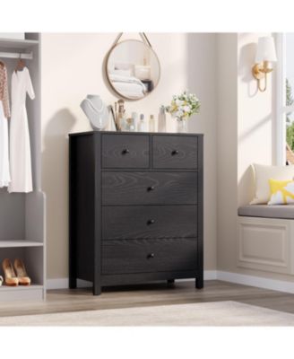 Dresser for Bedroom, Tall 5 Drawer Dresser with Deep Drawers Metal Knobs, Modern Wooden Double Chests of Drawers for Kids Bedroom