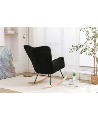 Black Teddy Fabric Nursery Rocking Glider Chair with Wooden Frame Metal Base Rocking Legs 250 LBS Capacity for Living Room Bedroom Indoor