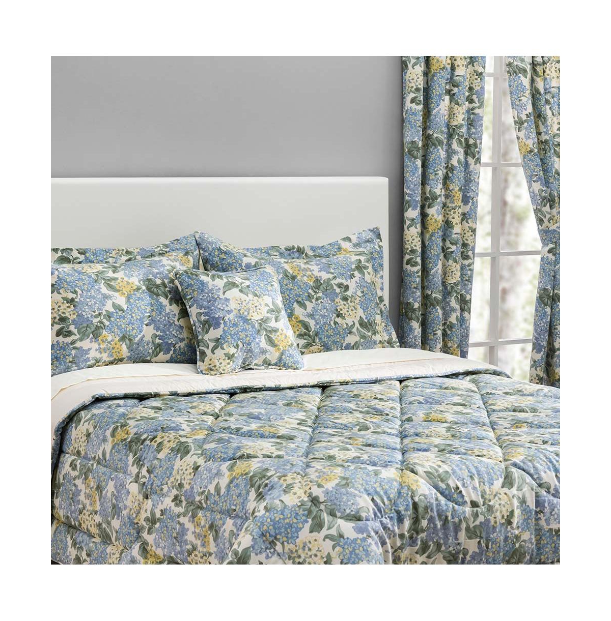 Ellis Hydrangea Classic Pattern Printed 1.5" Rod Pocket Window Tailored Pair with Ties 68"x54" Blue