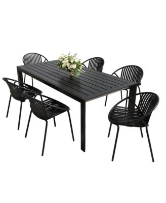 7 Pieces Outdoor Modern Metal and Polypropylene Dining Set with Stackable Chair, Black