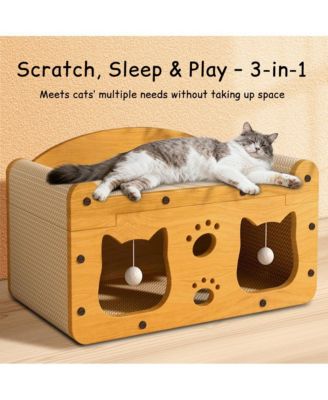 Multi-Functional Wooden Cat Bed with Scratching Pad & Interactive Toys