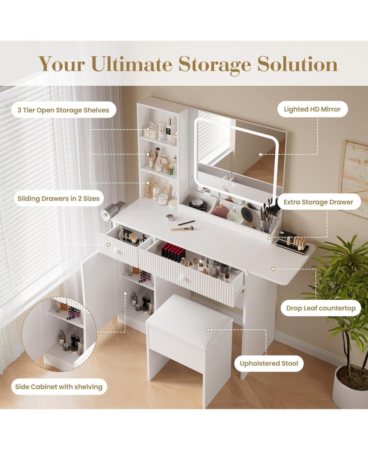 Gaomon White Foldable Lighted Vanity Desk, Space-Saving Makeup Table for Small Apartments