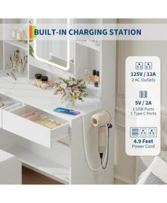 White Lighted Vanity Desk with USB Ports, Convenient Makeup Table for Bedroom Spaces