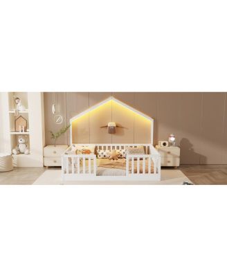 Full Floor Bed with High Rails, Wooden Montessori Bed with Light